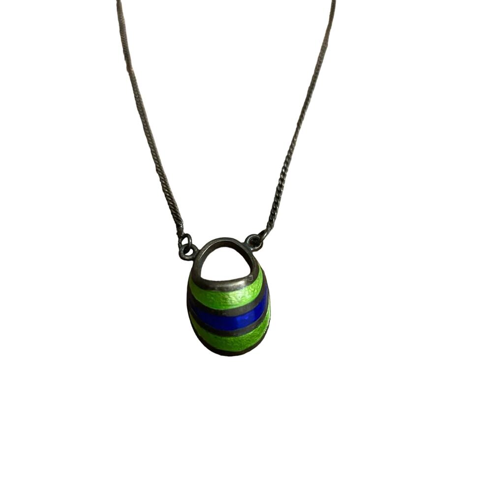 Art Deco Blue and Green Enamel Womens Necklace Sterling Dark Silver Vintage 50s
